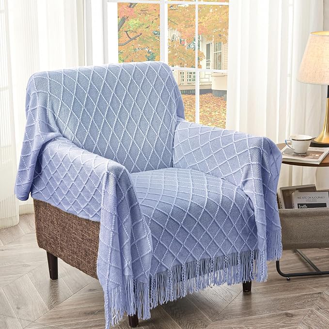 inhand Ashley Blue Knitted Throw Blanket for Couch and Bed, 50"x60" | Soft Living Room Home Decor Knitted Blanket with Tassel, Outdoor Lightweight Breathable , Farmhouse Warm Woven Decorative