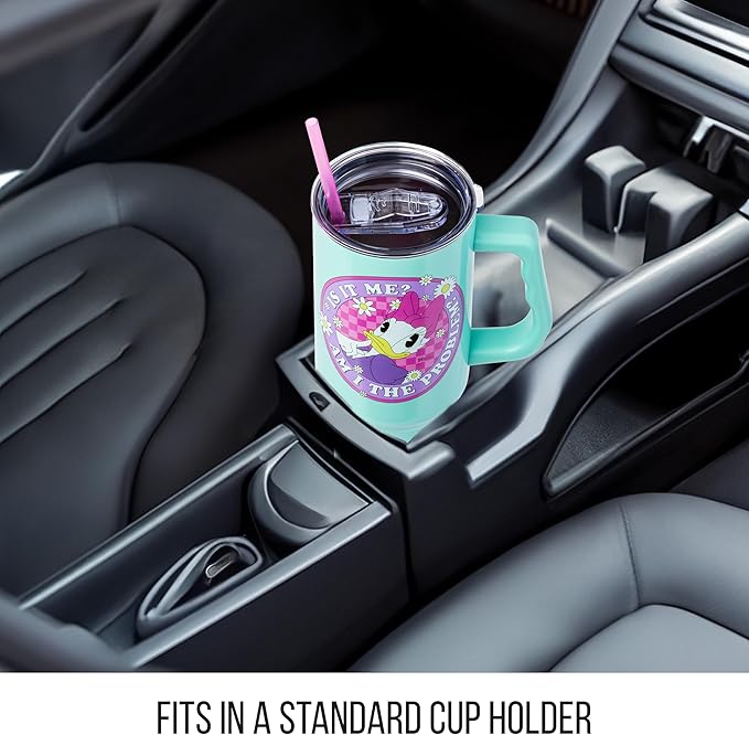 Silver Buffalo Disney Daisy Duck “Is It Me? Am I the Problem?” Stainless Steel Tumbler with Handle, Fits in Standard Cup Holder, 40 Ounces