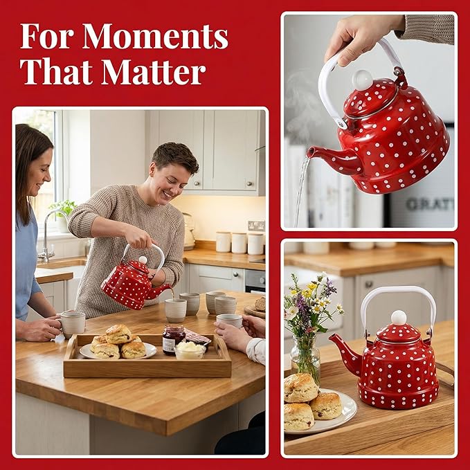Cabilock Red Tea Kettle, 1.8 Quart Vintage Enamel Tea Kettle for Stovetop, Non-Whistling with Polka Dot Design and Ceramic-Style Handle, Retro Kitchen Decor Water Pot for Home Coffee