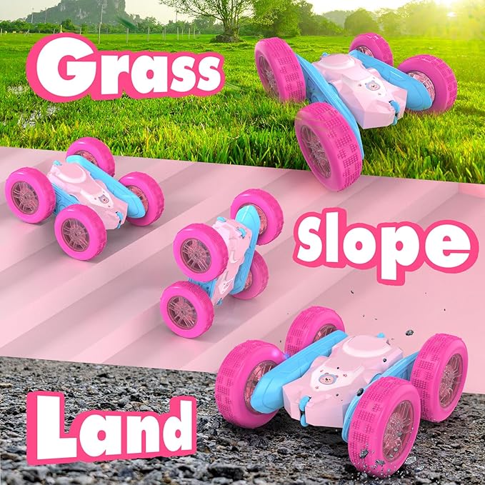 NQD Pink Remote Control Car for Girls, 360° Spin Flip RC Stunt Car with Flashing Wheel Lights 2 Batteries, Double Sided 4WD Off-Road RC Toy Gift for Girls Xmas Birthday