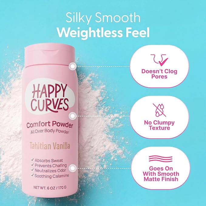 HAPPY CURVES Comfort Powder: Talc Free Anti Chafe Body & Foot Dusting Powder Deodorant to Control Inner Thigh Chafing, and Private Areas 6oz (Pack of 1) - Tahitian Vanilla
