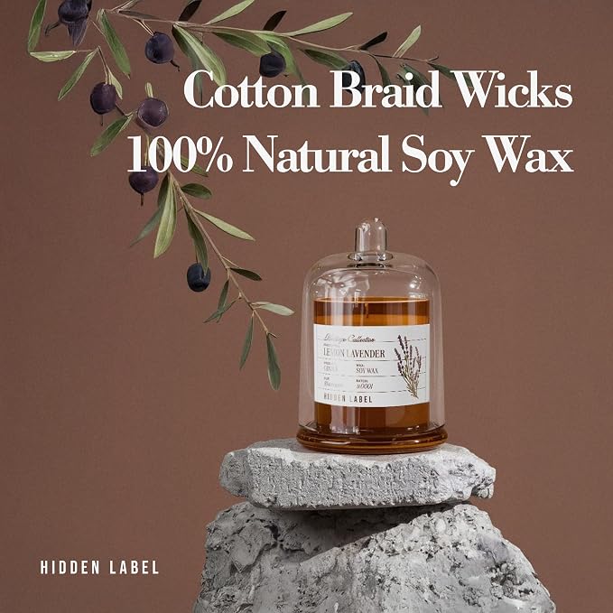 Hidden Label Lemon Lavender Candle, 10oz Bell Jar, Natural Aromatherapy | 55H Burn | 3-Phase Aroma Evolution | Non Toxic Soy Wax | Spa, Calm & Deep Rest