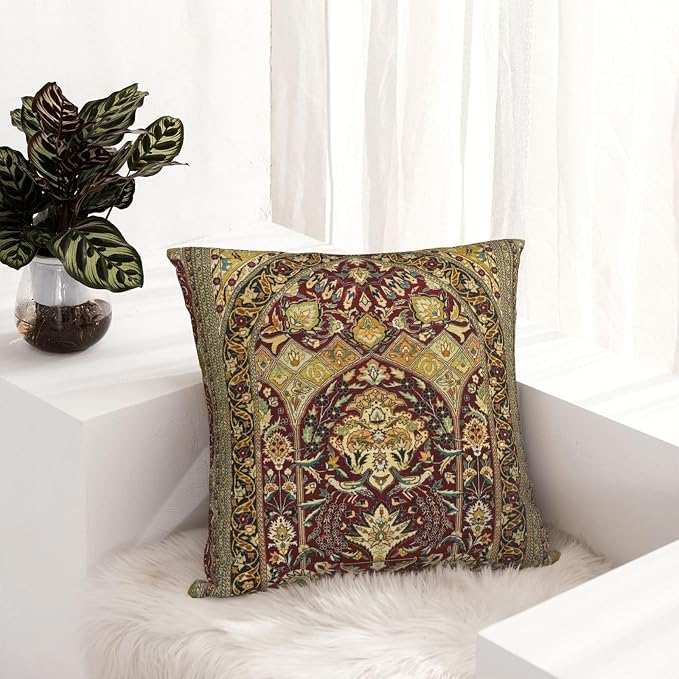 Hereke Turkish Antique Silk Rug Print Pillow Covers Decorative Square Throw Pillowcase 18x18 Inch Couch Cushion Cover for Home Decor Living Room Bedroom College Dorm Bed Car Sofa