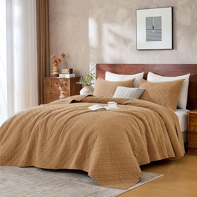 Cali King Quilt Set with Shams Lightweight Quilted Bedspread Coverlet Thin Comforter Bed Cover Vintage Washed Quilted Blanket for All Season, Brushed Microfiber Diamond Stitching, Brown, 111"x92"