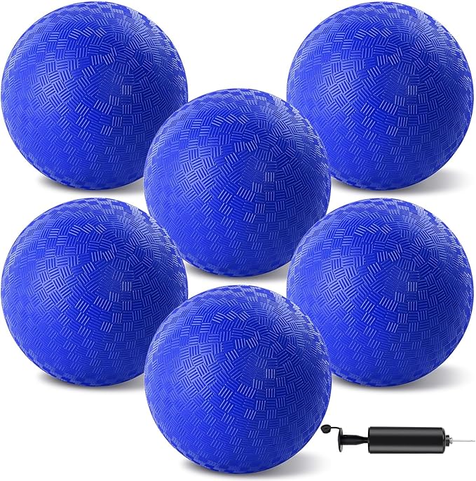6 Pcs Dodgeballs 8.5 Inch Playground Ball Blue Kickball Inflatable Rubber Handball Bouncy Dodge Ball with 1 Hand Pump for Outdoors Ball Games Gym Camps Picnic (Needle is at The Top of the Pump)