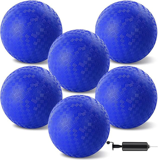 6 Pcs Dodgeballs 8.5 Inch Playground Ball Blue Kickball Inflatable Rubber Handball Bouncy Dodge Ball with 1 Hand Pump for Outdoors Ball Games Gym Camps Picnic (Needle is at The Top of the Pump)