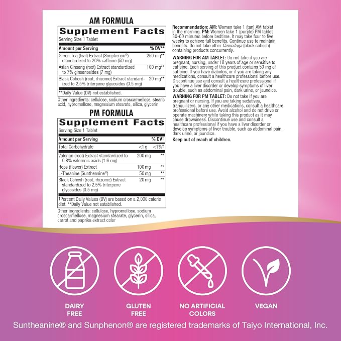 Nature's Way AM/PM Menopause Supplements for Women, Hot Flash Relief*, Night Sweats*, Restful Sleep*, Mood Swings*, Hormone-Free Formulas with Black Cohosh, Theanine, Valerian, 60 Tablets (Pack of 2)