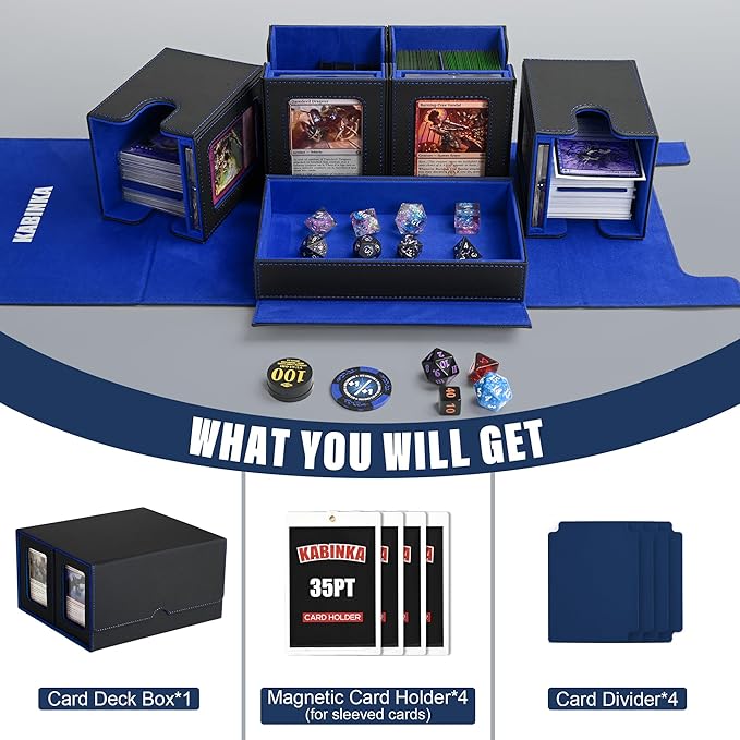 Kabinka Card Deck Box for MTG Commander, Holds 400+ Double-Sleeved Cards, 5 IN 1 Detachable Card Case with Dice Tray, Fits Magic/TCG Cards, 4 Magnetic Card Holders & Dividers (Black Blue)