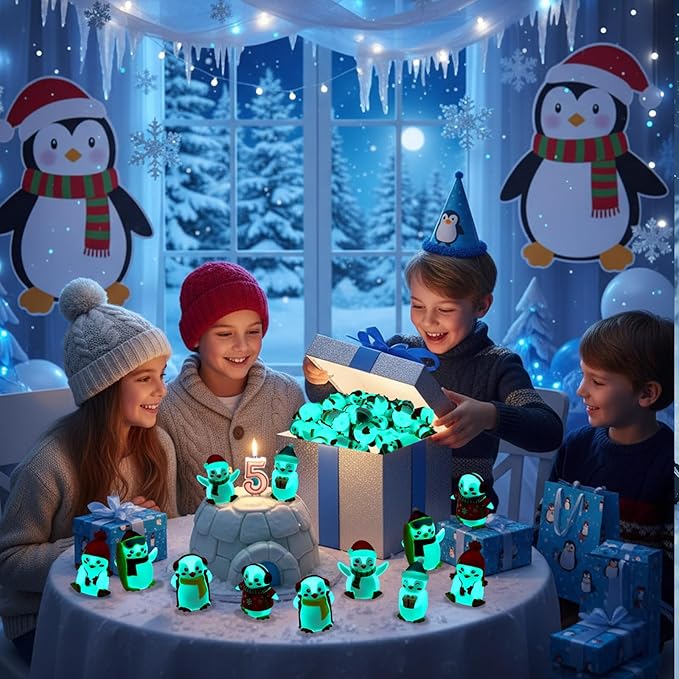 Realspring 36 Pcs Rubber Penguin Valentines for Class Bulk Glow in The Dark Winter Penguin Bath Toy Floating Rubber Animals Cute Cake Topper Gifts for Kids Classroom, Home Car Dashboard Decor (Blue)