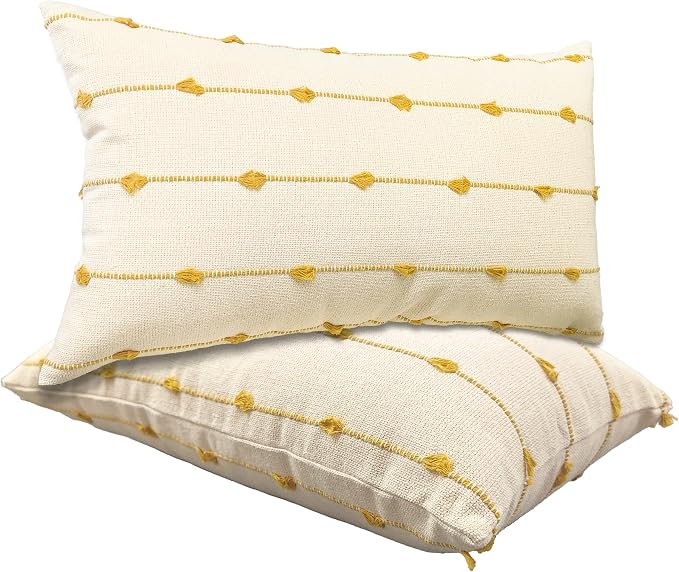JMGBird Rectangle Throw Pillow Inserts Decorative Pillows, Inserts & Covers | 12x20 Inch Decorative Throw Pillows Set of 2, Yellow Flower Stripes - Lumbar Pillows with Inserts for Indoor Home Decor