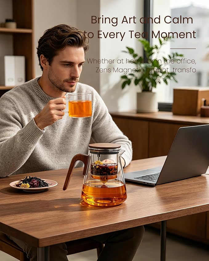 ZENS Magnetic Tea Pot, Enchanted Glass Teapot with Infuser and Magnetic Suction Lid for Mess-Free Loose Tea Diffusers, Walnut Wood Handle, Tea Lovers Gifts