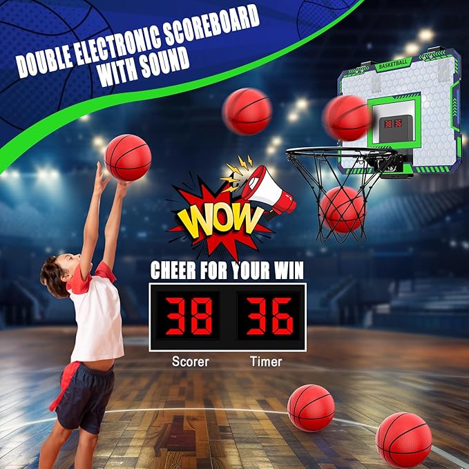 Indoor Basketball Hoop for Kids, Over The Door Mini Basketball Hoop with Scoring & Countdown, Remote Control, 3 Balls & Sound Effects, Birthday & Christmasl Toys Gifts for 4-12 Year Old Girls Boys