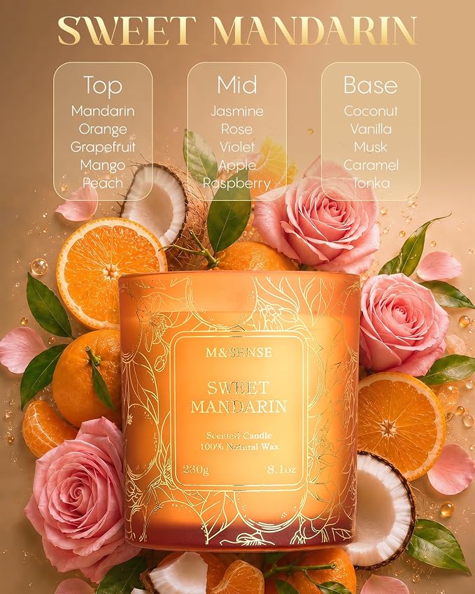 M&SENSE Sweet Mandarin Soy Candle, 8.1oz Gilded Glass, Summer Refresh | 42H Long Burn, Relax Calm Air Purifying, Non-Toxic, Warmer Lamp Compatible, Reusable Glass
