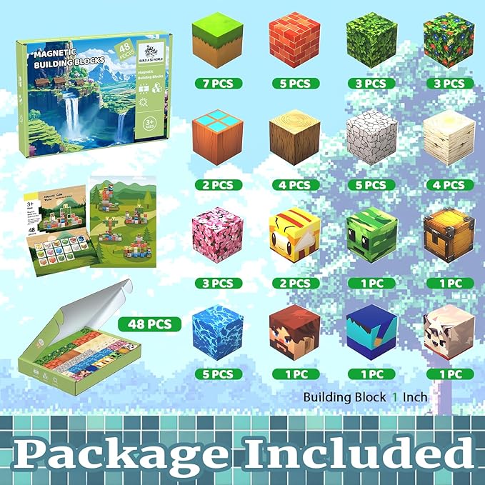 Magnetic Blocks, 48PCS Magnetic Building Blocks Cube Toys Stacking, Build Forest Cabin Set, STEM Sensory Toys for Kids Boys Girls Age 3+ Easter/Birthday/Christmas/Children's Day Gifts (Forest Cabin)