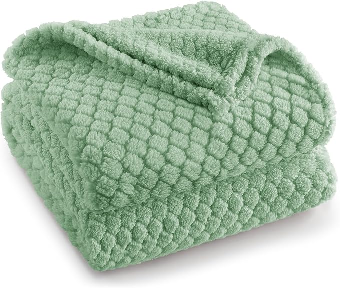 Exclusivo Mezcla Soft Fleece Throw Blanket for Couch, Sage Green | Jacquard Lightweight Cozy Throws for Bed, Sofa, Breathable Decorative Fuzzy Textured All Season Use, 50x60 Inches