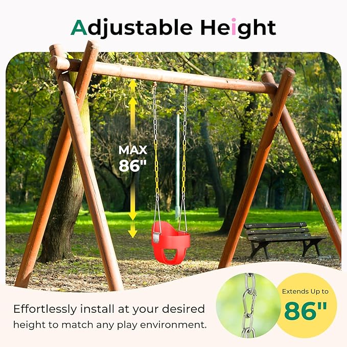 DECORLIFE Toddler Swing - High Back Full Bucket Seat for Ages 1-3, 330lb Capacity, Baby Infant Swing Outdoor with Safety Design, Plastic-Coated Chains, Carabiners for Backyard, Garden-Red