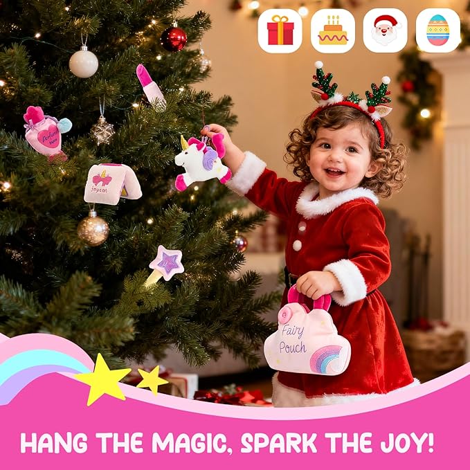 JoyCat Toys for Toddlers 1-3 Girls, My First Purse Baby Girl Unicorn Makeup Bag Set 5 PCS Plush Toy with Perfume, Lipstick, Palette, Star Key - 1 Year Old Girl Gifts, Christmas Stocking Stuffer