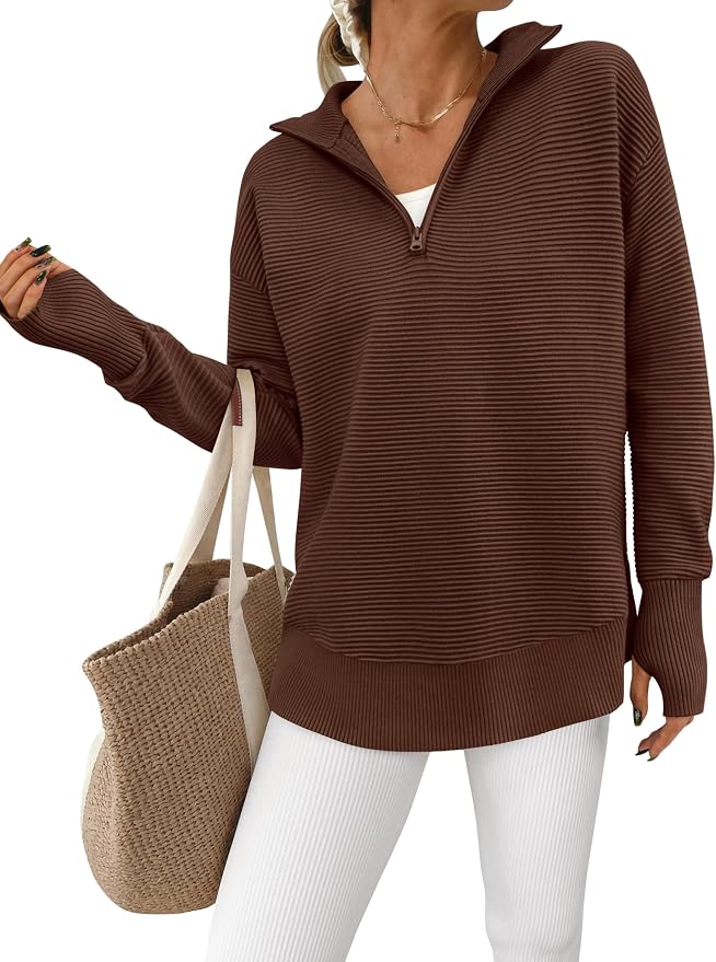 PRETTYGARDEN Womens Long Sleeve Quarter Zip Pullover Sweater Casual Loose V Neck Collared Ribbed Knit Jumper Tops Thumb Hole