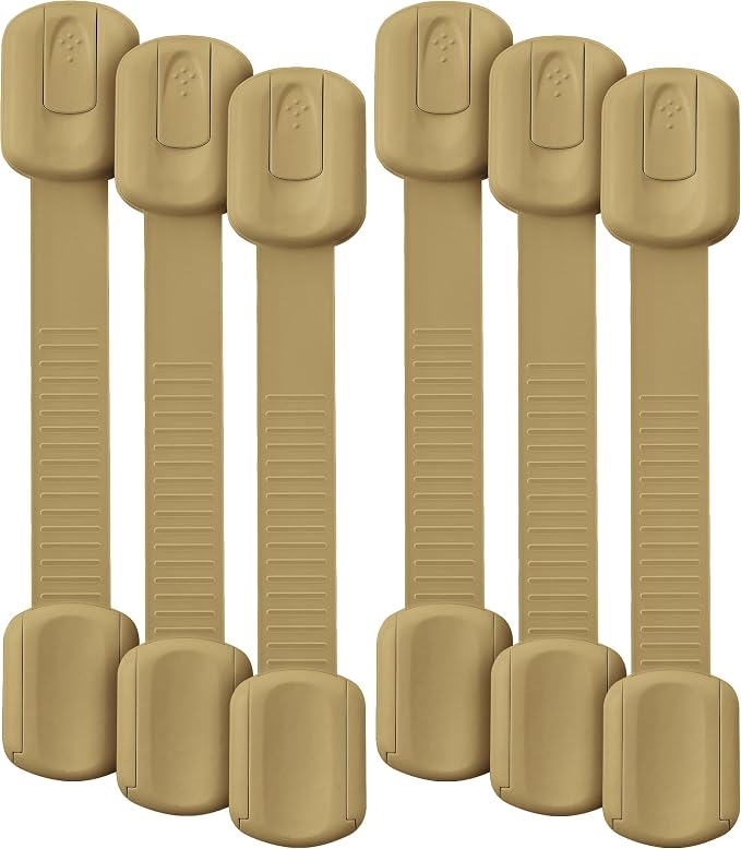 Bate- Child Safety Strap Locks, 6 Pack, Golden Beige, Baby Locks for Cabinets, Drawers, Kitchen, Toilet, Furniture, Fridge, Multi-Purpose, Easy Install with Quick 3M Adhesive for Childproofing