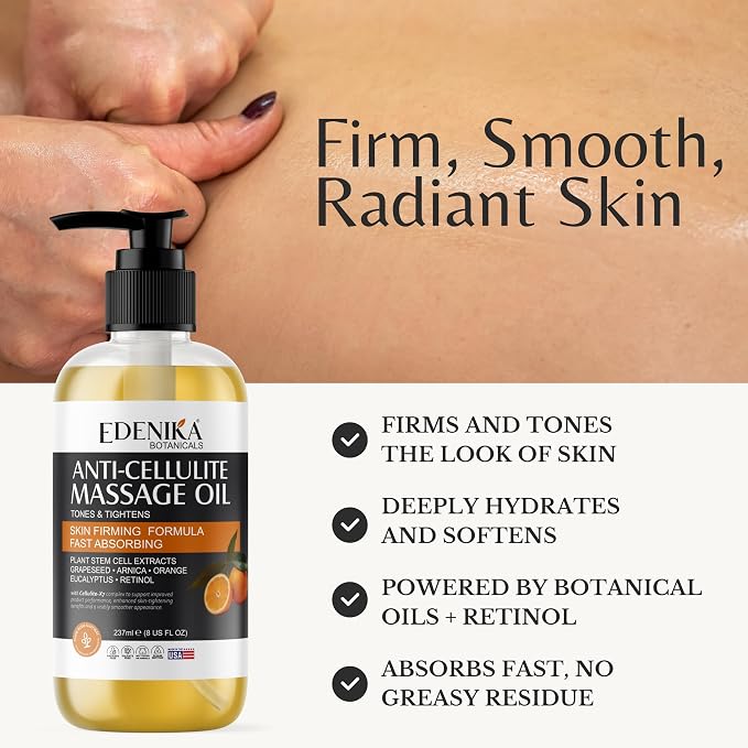 EDENIKA BOTANICALS Firming Anti Cellulite Massage Oil, Grapeseed Oil, Caffeine, Plant Stem Cells & Retinol, Supports Tighter, Smoother-Looking Skin on Body, Legs, Thighs & Buttocks, 8 Fl Oz