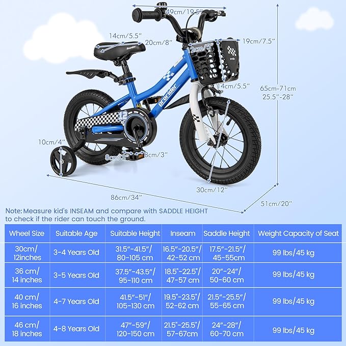 COSTWAY Kids Bike, 12 14 16 18 Inch Toddler Bike for Boys & Girls Aged 3-8 Years Old, Kids Bicycle w/Removable Training Wheels, Handbrake & Coaster Brake, Basket, Bell