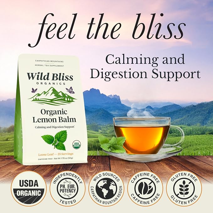 Organic Lemon Balm Tea - Caffeine Free Loose Leaf Herbal Tea - Pharmacopoeia Potency - 25 Servings