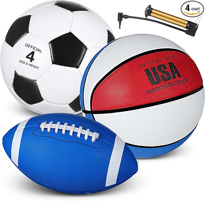 Libima 3 Pcs Sports Ball Set for Kids Teens Include Official Size 5 Basketball 4 Soccer 6 Football with Pump and Carry Bag Training Practice Sport Gift for Kids Teens Back to School