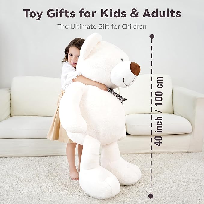 40 Inch Giant Teddy Bear Stuffed Animal, Big Teddy Bear Plush, Birthday Christmas Valentine's Gift for Girlfriend & Kids, White, 4.5 lbs