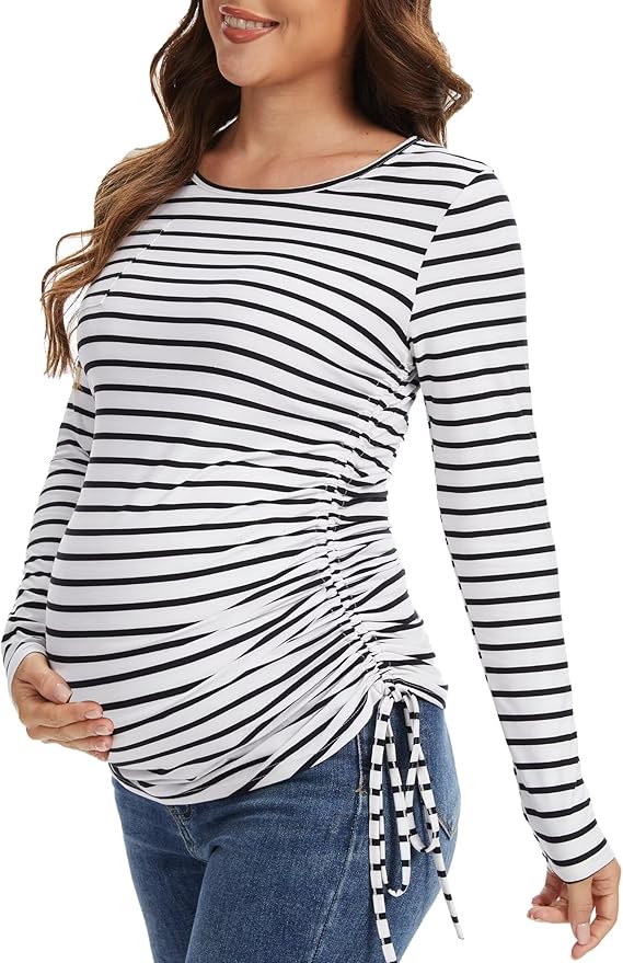 Fotociti Maternity Shirts Long Sleeve, Pregnancy Side Ruched Tops,Women’s Clothes for Mama Work Casual Yoga Wearing