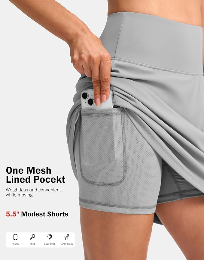 20" Skorts with 3 Pockets | Knee Length, High waisted, Slit Side, Casual, Summer, Travel, Athletic, Tennis, Golf, Skirts for Women