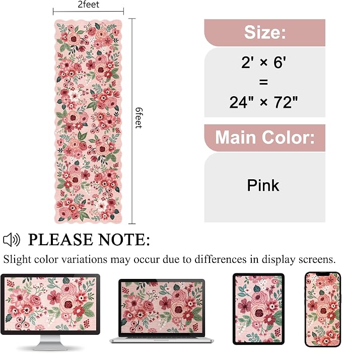 DUKINO 2x6 Runner Rug, Floral Washable Rug for Kitchen Non Slip, Pink | Soft, Low Pile, Non-Shedding Long Runner Rugs for Kitchen, Entryway, Bedroom, Bathroom, Pet Friendly, Home Decor, Ultra-Thin