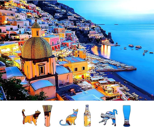 500 Piece Jigsaw Puzzles for Adults - Italian Coastal Town Night View, 23x15 Inch Art Puzzle with Vibrant Lights & Seaside Scenery, Challenging Adult Puzzles for Home Decor or Gifts