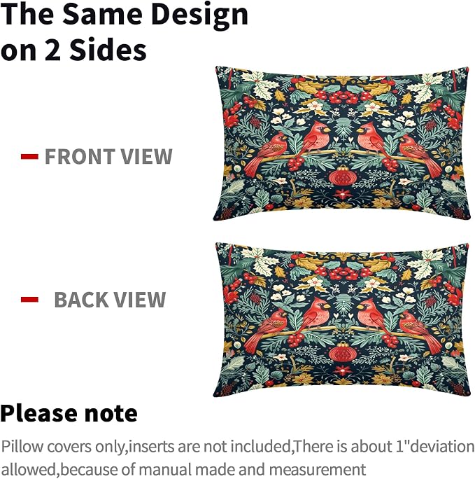 Christmas Lumbar Pillow Covers 12X20 Inch Cardinal Red Birds Berry Leaves Decorative Pillow Cases Set of 2 Xmas Winter Holiday Throw Pillows Farmhouse Home Decor for Sofa Couch Cushion Outdoor