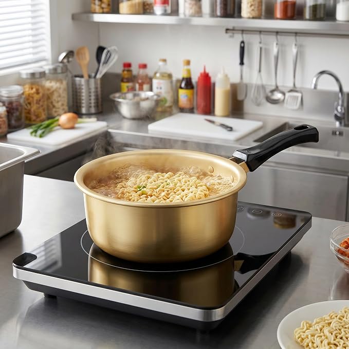 OUNONA 2pcs Gold Korean Ramen Pot Set - Large and Small Aluminum Cooking Pot with Lid - Suitable for Stovetop Noodle Soup Kitchenware