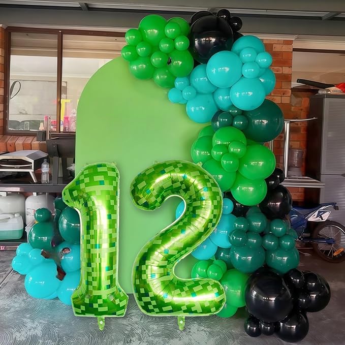 Gaint Green Pixel Number 12 Balloon, Dark Kelly Green Self Inflating 12 Balloons Number, 40 Inch Pixel Foil 12 Balloon for Boys Kid 12th Birthday Party Video Game Forest Golf Patrick's Day Decorations