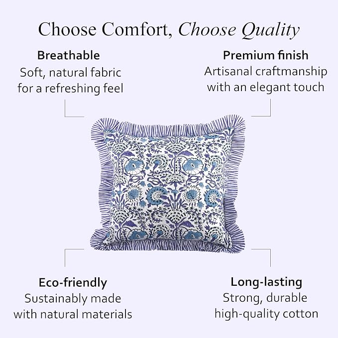 CPC Indigo Blue Ruffle Throw Pillow Covers for Couch, 20x20 Inch Cotton Stripe Ruffle Couch Pillows for Living Room, Hidden 16 Inch Zipper Boho Pillow Case or Cute Outdoor Pillows