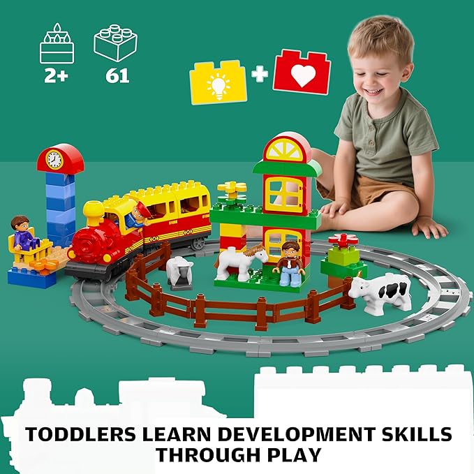 Electric Train Toys w/Farm Animals Set/Toy Trains Set for Toddlers & Kids w/Music, Lights & Tracks, DIY Classic Big Building Blocks Compatible with Lego DUPLO, Gifts for Boys and Girls