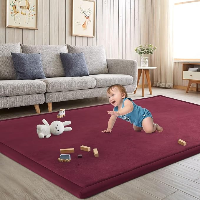 Baby Play Mat for Floor Nursery Muscle Mat Area Rug Playroom Rug 71x79" Elastic Foam 1.3" Thick Crawling Mat for Babies,Toddlers, Infants (Burgundy)