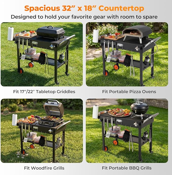Happygrill 32”W x 18”D Folding Grill Cart for 17” & 22” Griddles | Outdoor Portable BBQ Prep Table w/Heat-Resistant Mat, Lockable Wheels, Magnetic Knife Holder, Pizza Oven Stand for Camping