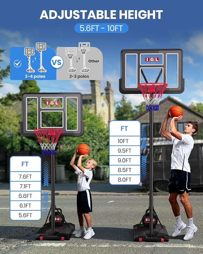 IGL Portable Basketball Hoop, 5.6-10FT Adjustable Basketball Goal System, 40/44 Inch Outdoor Basketball Hoop & Goals for Kids, Youth, and Adults in The Backyard, Driveway with PC Backboard
