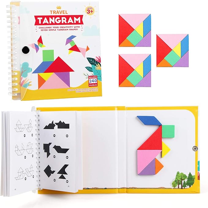 Travel Tangram Puzzle - Magnetic Puzzle Book for Road Trips, STEM Jigsaw Game with 3 Tangram Sets, Patterns Solutions - Brain Teaser IQ Toy for Kids and Adults, Ideal Educational Gift (240)