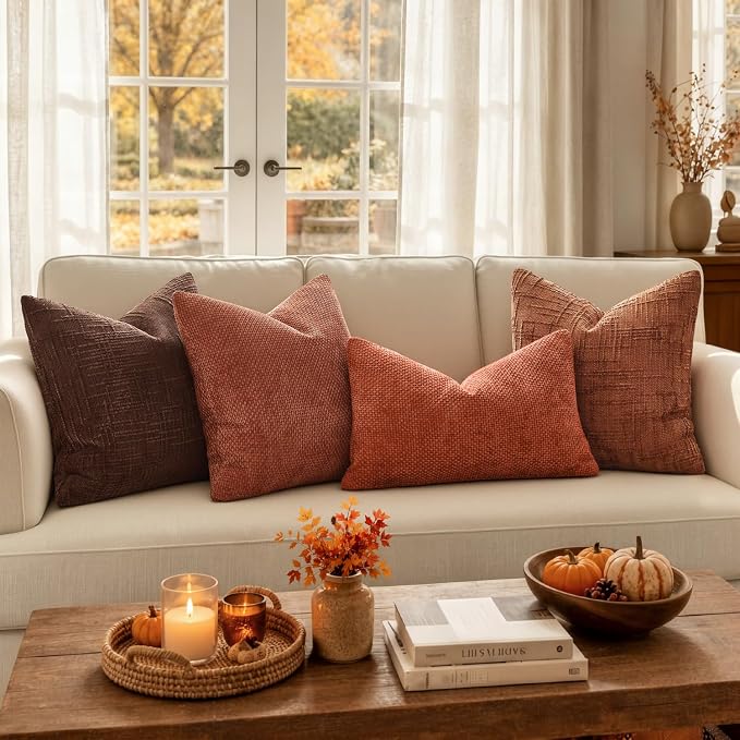 MIULEE Chenille Textured Fall Euro Throw Pillow Covers Burnt Orange 24x24 | Set of 2, Slubby Decorative Pillows, Boho Farmhouse Home Decor, Modern Neutral Cushion Covers for Couch Sofa Bed Living Room