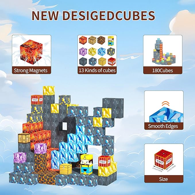 180PCS Magnetic Building Blocks for Kids - 0.8" Pixel Art Magnetic Cubes for Boys Ages 3 4 5 6 7 8-12, Sword Portal Magnet Block Set, STEM Sensory Educational Toys Ideal Birthday