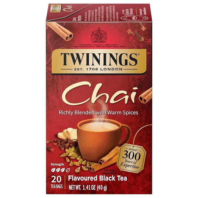 Twinings Chai Black Tea Individually Wrapped Bags, 20 Count (Pack of 1), Sweet, Savoury Spices, Caffeinated, Enjoy Hot or Iced, 20 Teabags