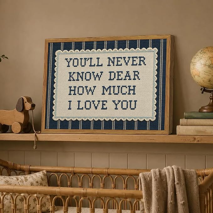 Framed You'll Never Know Dear How Much I Love You Wall Art, Vintage Nursery Blue Striped Pictures Wall Decor, Inspirational Quote Paintings Canvas Prints for Baby Boy Bedroom Living Room 16x24 inch
