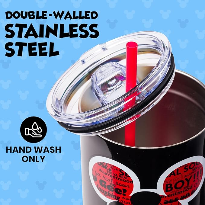 Silver Buffalo Disney Classic Mickey Mouse Hashtag Current Mood “#currentmood” Double Walled Stainless Steel Tumbler with Handle and Straw, Fits in Standard Cup Holder, 40 Ounces