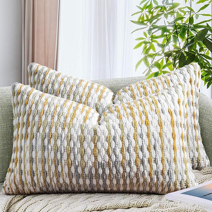 Set of 2 Boho Chenille Pillow Cover Decorative Tufted Pillowcase for Couch Bed Sofa Bedroom Living Room Modern 12 x 20-Inch Grey