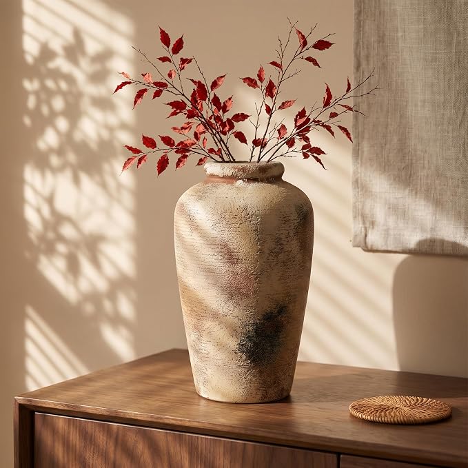 Ceramic Flower Vase, 10.6" Tall Rustic Farmhouse Vase, Decorative Pottery Vase with Glazed Interior for Fresh Flowers, Olive Branches, Mantel, Entryway and Dining Room Decor