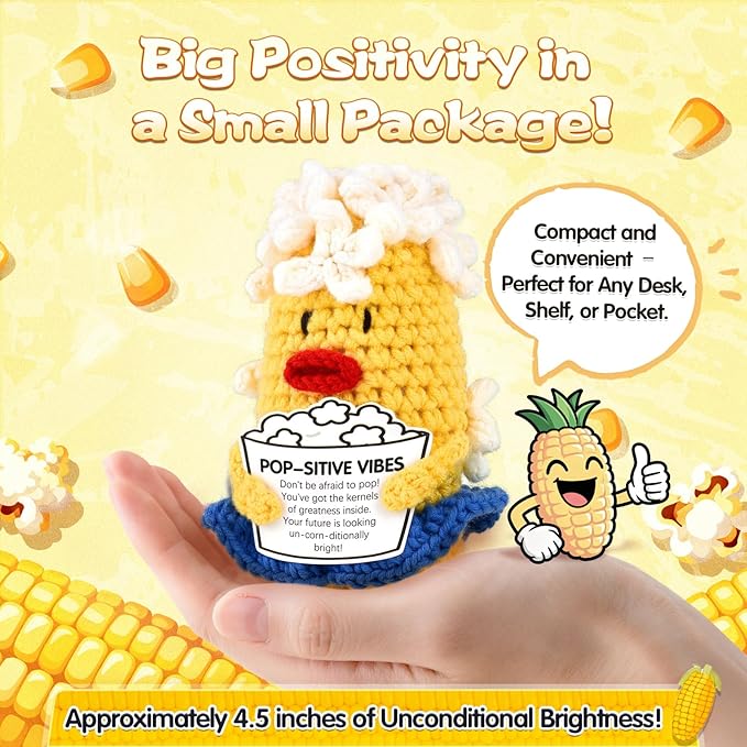 Don't Be Afraid to Pop! Positive Corn Crochet Gift - Encouraging Uplifting Present for Anxiety Stress Relief, Fun Inspirational Plushie for Women Men Teens, Office Home Desk Reminder