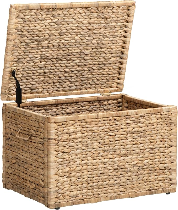 Storage Trunk with Metal Frame, Natural, 23.3 by 16.5 by 15.2 Inches | Safety Hinge, Heavy-duty Wicker Chest, Handwoven Water Hyacinth